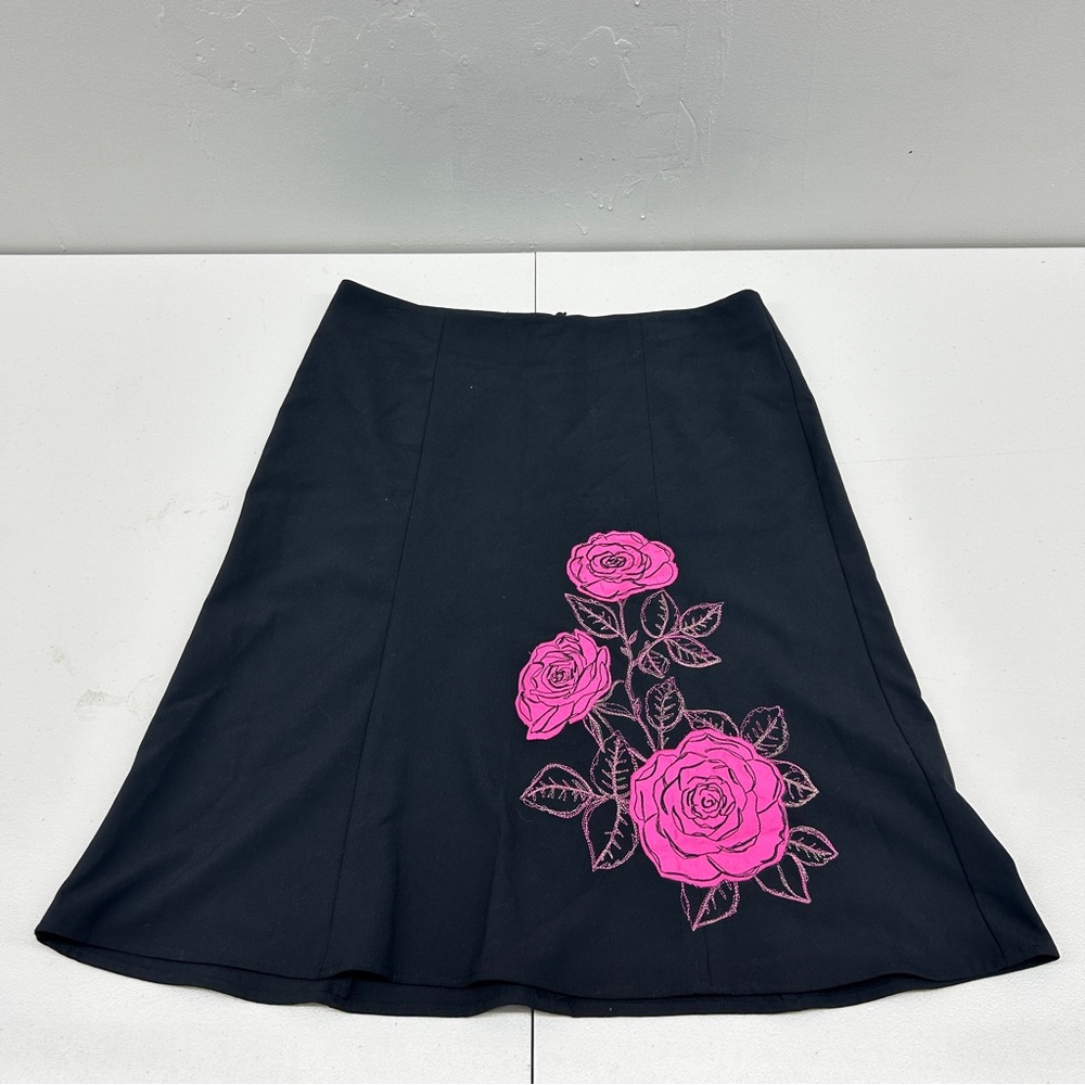 Karen Kane Black and Pink floral Midi A-Line Skirt size 10